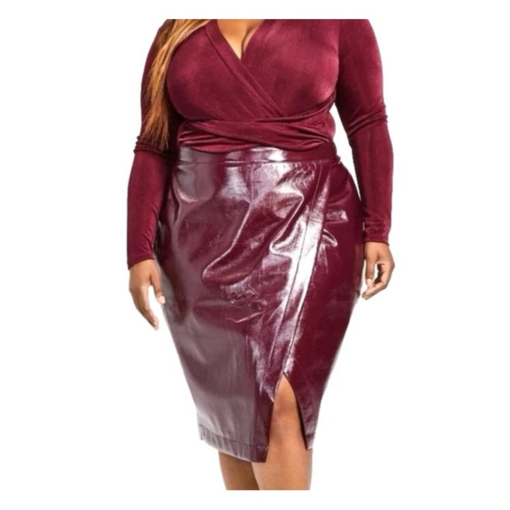 Nina Parker Shiny Burgundy Faux Leather Pencil Skirt Plus Size 18W Slit